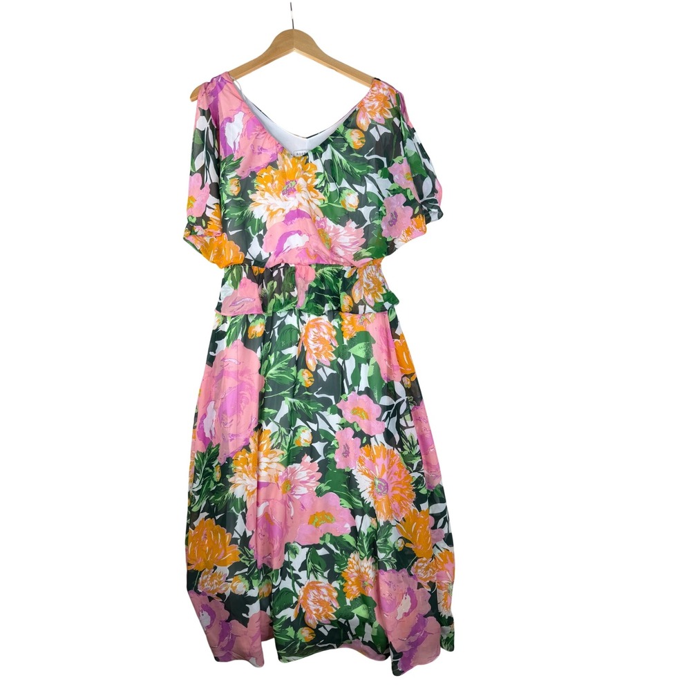 New Robbie Bee Floral Print Short Sleeve Maxi‎ Dress size 8 Green/Pink
